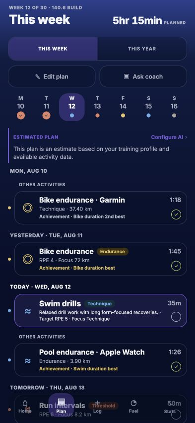 TriElite Plan screen: week 12 of a 30-week build with planned hours, an estimated-plan notice, completed bike and swim sessions, and today's swim drills