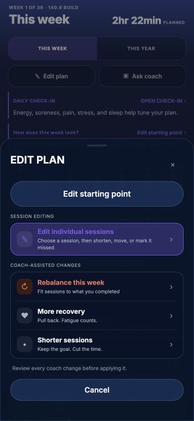 TriElite Edit Plan with individual session editing, Rebalance this week, More recovery, and Shorter sessions